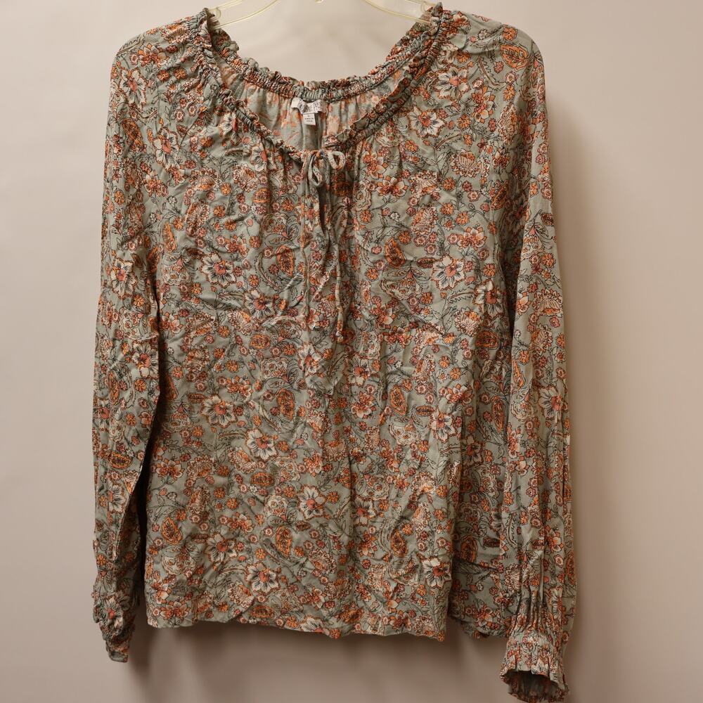 Patrons of Peace Peasant Blouse Fuffle Tie Front, Elastic Sleeves Sz  L